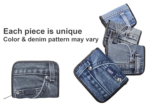 Image of Compact Denim Wallet Zipper Around Small Card Holder Coin Purse Slim Mini Blue