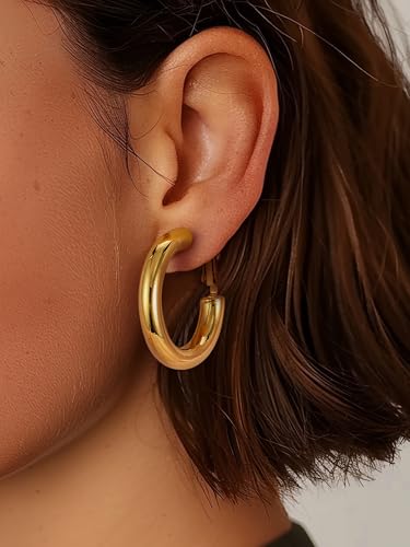 Image of Stainless Steel Chunky Hoop Earrings For Women, Minimalist and Chic, Black /Gold Plated, Round Hoops Earrings Hypoallergenic, Size: 30mm /40mm /60mm /80mm, Come with Box