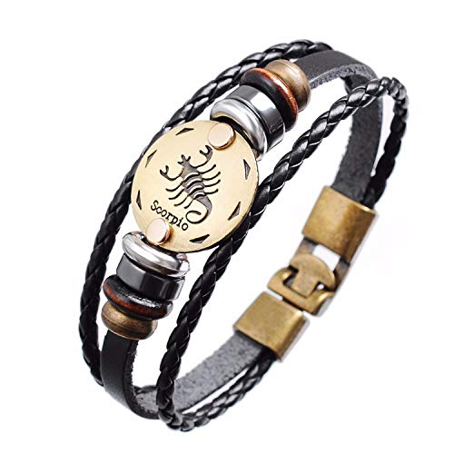 Image of Young & Forever Zodiac Sign Multi-Strand Genuine Leather Bracelet for Men & Boys - Adjustable Tribal Wristband with Antique Metal Charm