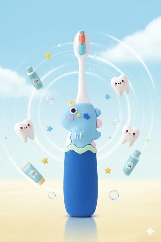 Kids Toothbrush, Blue, Cartoon Dinosaur Design, Soft Bristles, for Children