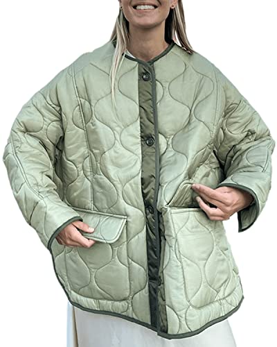 RINTONIX Womens Long Sleeve Button Down Thermal Winter Quilted Jacket Asymmetric Loose Padded Barn Jacket Outerwear