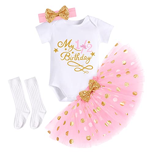 It's My 1/2 /1St /2Nd/3Rd Birthday 4 Piece Outfits For Baby Girl First Birthday Cake Smash Romper Bodysuit Mesh Tutu Skirt Headband Socks Formal Set Princess Photo Props Gown Pink-1/2 6 Months #TOP1