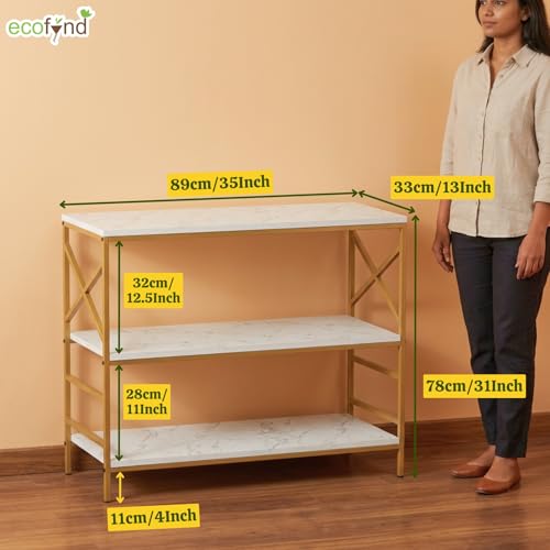 Image of ecofynd 35 Inch 3 Tier Console Table, Metal with Engineered Wooden top for Long Narrow Hallway, Entryway, Living Room, Dining Room, Office, Home Side Table Storage Shelves (WHTGO, CT003)