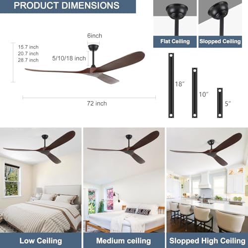 Image of 72inch Solid Wood Ceiling Fan no Light,Outdoor Ceiling Fan with Remote,DC Ceiling Fans with Large Airflow for Patios,Gazebos,Living Room,Farmhouse (dark walnut)