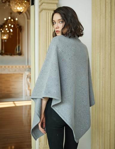 Image of BEAUTELICATE Women Wool Poncho Knitted Tweed Wool Sweater Pullover Pile Collar Cape