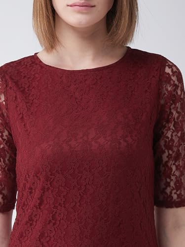 Image of Miss Chase Women's Round Neck Half Sleeves Cotton Lace and Pearl Detailing