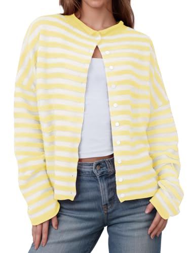 Image of Saodimallsu Womens Striped Cardigan Casual Long Sleeve Open Front Button Down Loose Knit Lightweight Fall Sweaters
