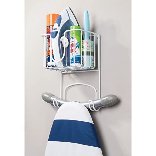 Mdesign Wall Mount Metal Ironing Board Holder With Small Storage Basket - Holds Iron, Board, Spray Bottles, Starch, Fabric Refresher For Laundry Rooms - White #TOP4