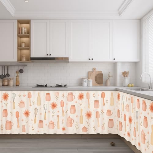Image of Decorative Sink Curtain for Kitchen | Pack of 2 | 150x70 cm Under-Sink Cover | Printed Fabric Panel with Rod Pocket | Washable Storage-Hiding Curtain for Modern Home Decor (VELEN)