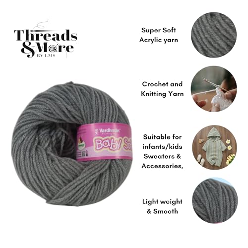 Image of Vardhman Baby Soft Yarn Pack of 6 - 4-Ply Acrylic Wool 150g Total | Soft Yarn for Knitting & Crocheting Baby Blankets, Sweaters, Toys & Accessories | 86m per 25g Ball (1, Grey)