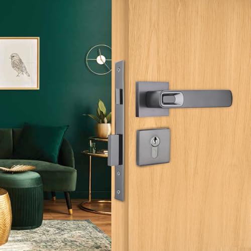 Image of Godrej Mortise Lock | Handle Lock Set for Main & Bedroom Door | HDH 07 Rossette Home Decor Handle | Matte Black Nickel Finish | 9 Inch Lockbody | 60 mm 1CK Cylinder - Knob from Inside and with 3 Keys
