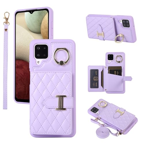 Étui portefeuille Samsung A12 violet avec bandoulière et porte-cartes pratique