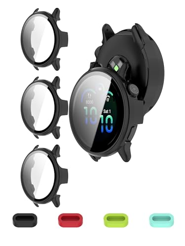 iDaPro [3-Pack Black] Screen Protector Case for Garmin Vivoactive 6 Full Protective Cover with Built-in 9H Tempered Glass & 4 Silicone Dust Plugs Hard PC Shell Complete Protection for Running Gym