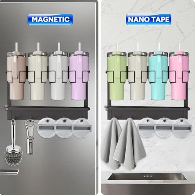 Water Bottle Organizer for Stanley Cup Accessories 20/30/40 oz, Fridge Magnetic and Wall Mount Tumbler Holder Organizer, Kitchen Water Bottle Storage Rack (Black)