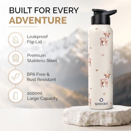 Image of Speedex Stainless Steel Water Bottle 1 Ltr (1000ml), BIS Approved, Leak-Proof Sipper Cap, Baby Deer Printed Design, Office, School, Travel, Daily Use, Men, Women, Boys, Girls, Kids, Set of 3