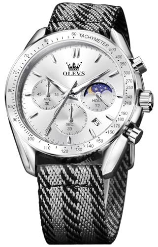 OLEVS Watches for Men Silver Black Large Face Fashion Analog Quartz Watch Casual Durable Military Sport Nylon Strap Stylish Date Waterproof Moon Phase Multifunctional Chronograph Mens Watches