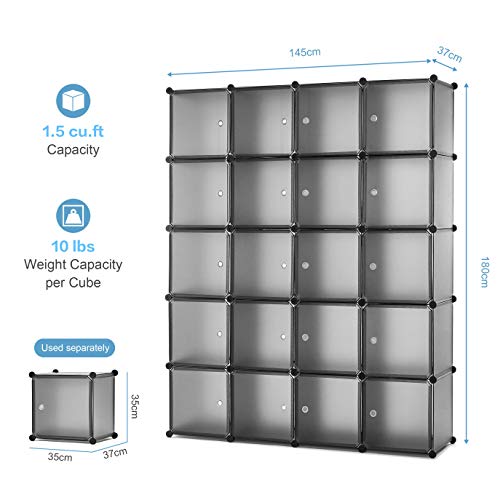 Mondeer Kleiderschrank, Steckregal Kunststoff, Garderobe Schrank Steckregalsystem, mit 2 Kleiderstange, DIY Modular Schrank für Platzsparende, Grau-145 x 37 x 180 cm, 20 Kubus