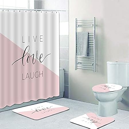 Dodouna Ensemble De Rideau De Douche Elegant En Direct Rire Amour Citation A Pois Pastel Rose Coeur Rideaux De Bain Pour Tapis De Salle De Bain Tapis Tapis Decor 180x180cm Amazon Fr