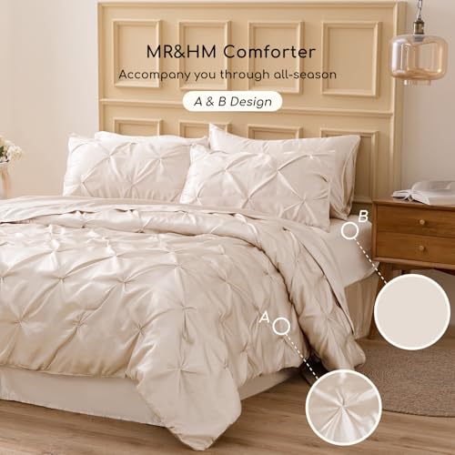 MR&HM Satin Comforter Full 7 Pieces - Luxurious Pinch Pleat Bedding Set with Comforter, Flat Sheet, Fitted Sheet, Pillowcases & Shams, Super Silky Soft Bed Set for All Season (Full, Beige)