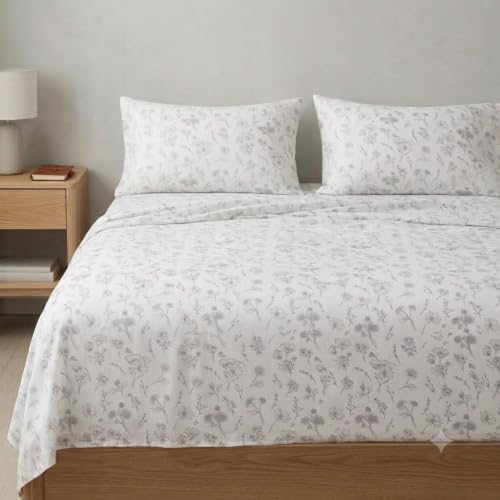 Image of Linen Home Cotton Percale Flat Bedsheet Set Queen Size Floral Grey