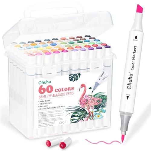 Ohuhu Markers for Adult Coloring Books No Bleeding 60 Colors Water-based Dual Tips Coloring Markers for Kids Adults Beginners Drawing Pens for Journaling Lettering (Brush & Chisel)