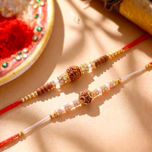 Image of Peora Rakhshabandhan Thread Rakhi for Brother Bhaiya | Kundan Beads & Crystal Studded | Combo Set of 2 | Rakhi Hamper Roli Chawal & Greeting Card