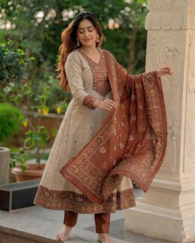 Image of ANNI Designer Kurta Sets for Women Viscose Printed | Kurta Pant Dupatta Set | A-Line Kurti Set for Women | Round Neck 3 /4 Sleeve Ethnic Suit | Designer Indian Kurti Outfit with Pants