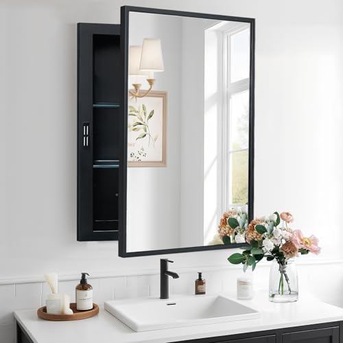 KIMREAL Recessed Medicine Cabinets with Mirror, Black Bathroom Mirror with Storage, Rectangle Medicine Cabinet Vanity Mirrors, Antirust Metal Framed Wall Mirror Recessed or Surface Mount, 16x24 Inch