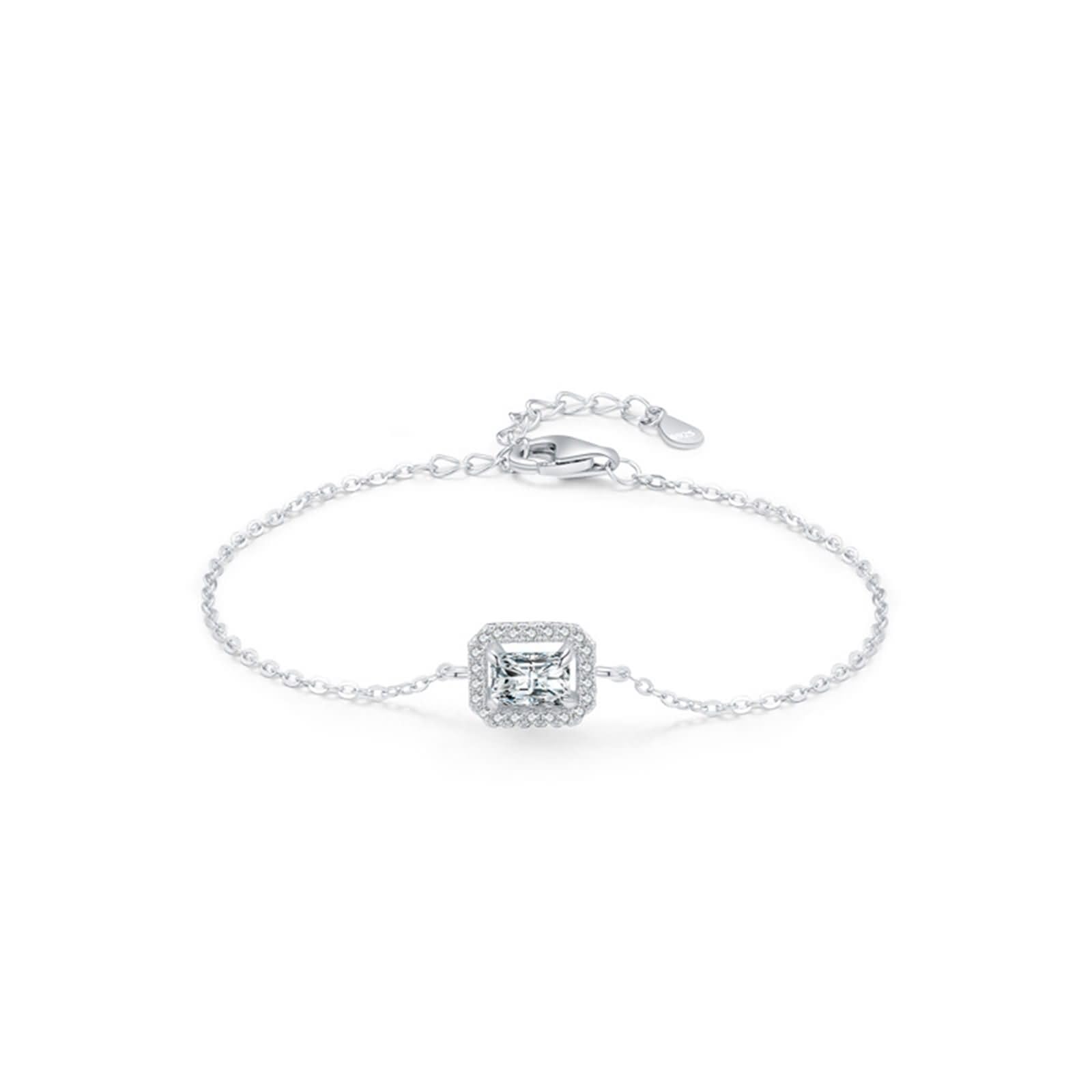 Pulseras de Oro Blanco Mujer 9Kilates / 14Kilates / 18Kilates, Cadena con Rectángulo y Diamante Creado de 0,6 ct, Cadena Extensible 16 CM + 5 CM, Pulseras de Mujer Ajustable de Plata