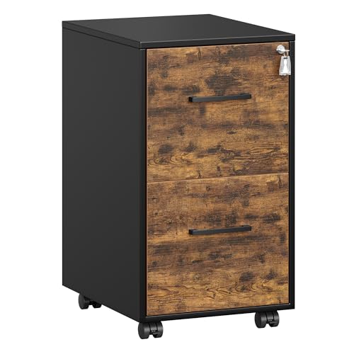 SONGMICS File Cabinet, Pre-Assembled Except Wheels and Handles, Office Filing Cabinet with Lock, for A4, Legal, Letter Sized Documents, 17.7 x 14.4 x 25.4 Inches, Rustic Brown and Black UOFC112B02