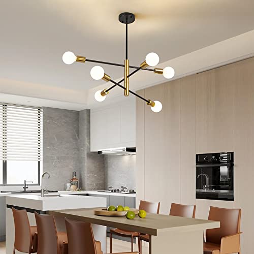 Sputnik Chandelier 6-Light Modern Ceiling Chandeliers Mid Century Black Gold Pendant Lighting, Height Adjustable Pendant Lights Fixture For Living Room Dining Room Bedroom Kitchen Bar Cafe, E26 Base #TOP3