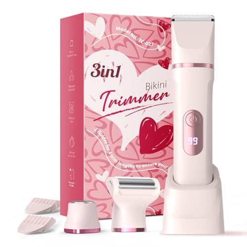 Rasierer Damen, 3-in-1 Intimrasierer für Frauen, für Körper & Intimbereich mit LED-Anzeige, Damenrasierer elektrisch IPX7, Wiederaufladbar mit USB-Ladestation, Trimmer Damen nass & trocken, Rosa
