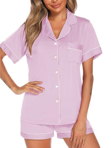 Image of Aamikast Button Up Pajama Set for Women Shorts Short Sleeve Knit Sleepwear 2 Pice Pjs Sets