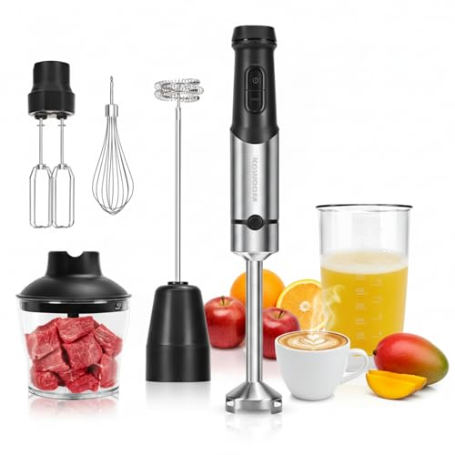 Stabmixer 1200W 6-in-1 Set Edelstahl Pürierstab mit Stufenloser Geschwindigkeit + Turbo inkl. Zerkleinerer (600ml) & Milchaufschäumer für Suppen Smoothies platzsparend & pflegeleicht