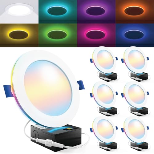 Sunco 6 Pack 6 Inch Smart Ultra Thin LED Recessed Ceiling Lights with Night Light, Tunable CCT 2700K to 6000K, Dimmable, 15W, Smooth Trim, Canless with Junction Box.