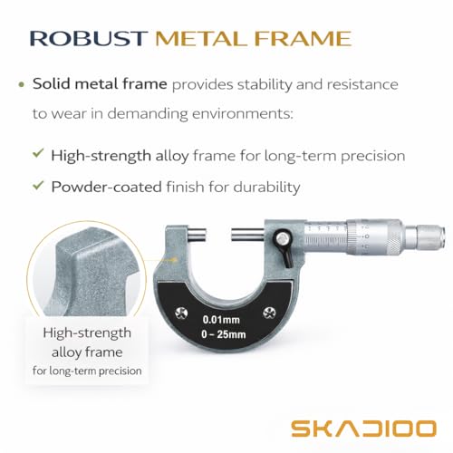 Image of SKADIOO Micrometer 0-25mm, 0.01mm Precision Measurement Tool - Outside Micrometer with Ratchet Stop, Carbide Anvil, High Accuracy Machinist Tool for Metalworking & Engineering