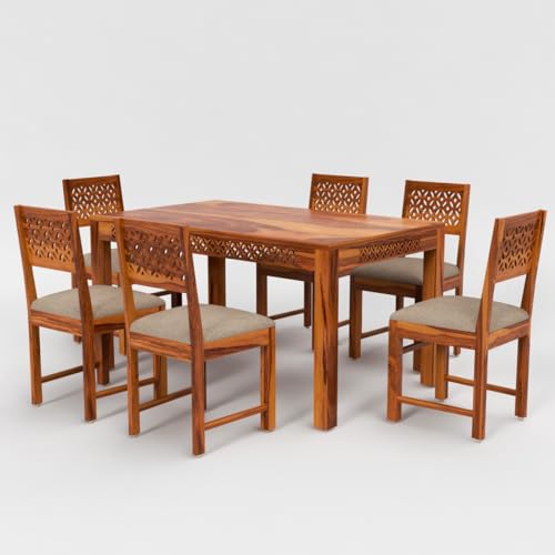 Image of Solid Sheesham Wood 6 Seater Dining Table Set with Cushioned Chairs for Dining Room | Living Room | Home & Office | Hotels Restaurant & Cafe (6 Seater, Honey A)