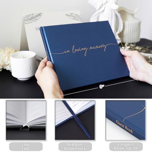 Image of Funeral Guest Book for Memorial Service, in Loving Memory 9x7.5 | 320 Entries, Table Sign Card Included, Gold Stamping, Twill-Textured Paper Cover, Celebration of Life Keepsake, Navy