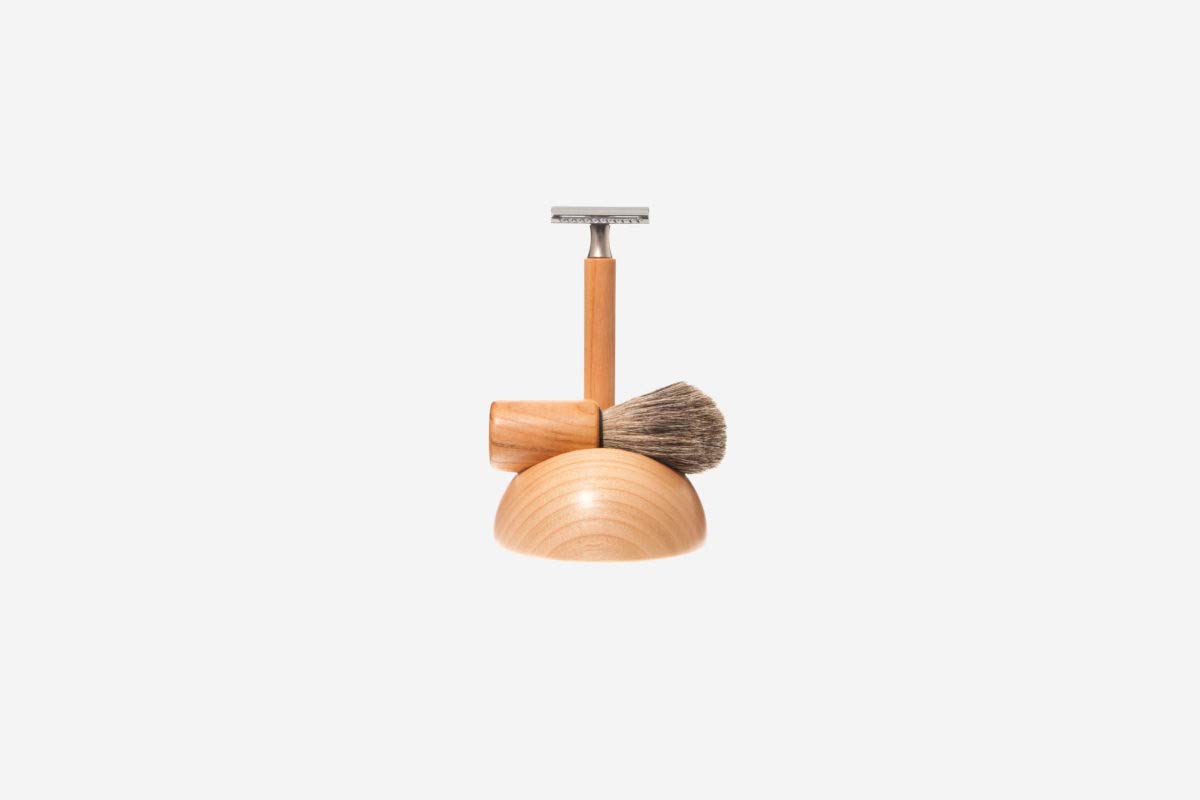 Rasierset klassisch Shaver Rasierapparat Pinsel Rasierklingen Buchen Kirschholz