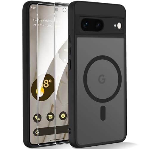 Yxnvixn Magnetic Case for Google Pixel 7 Case with Screen Protector [Compatible with Magsafe] Slim Translucent Matte Silicone Shockproof Full Body Protective Phone Case Cover Black