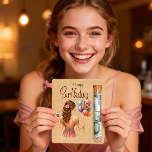18. Geburtstag Mädchen Geldgeschenke, Geldgeschenk Geburtstag - 13 x 10 cm - mit Reagenzglas, Geschenkidee aus Holz Geburtstagsgeschenk für Mädchen, Geldgeschenke für Geburtstag Familie Freund Schüler