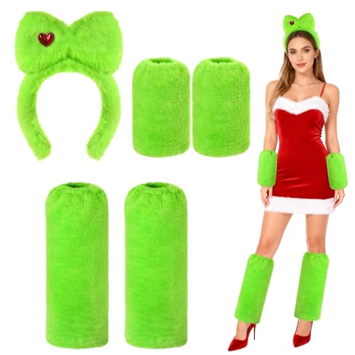 3 PCS Disfraz Navideño de Monstruo Verde, Verdes Peludos Calentadores Piernas Guantes Diademas Navideñas con Lazo, Accesorios Disfraz Navidad Mujer para Disfraces Navideños Navidad Fiestas Cosplay