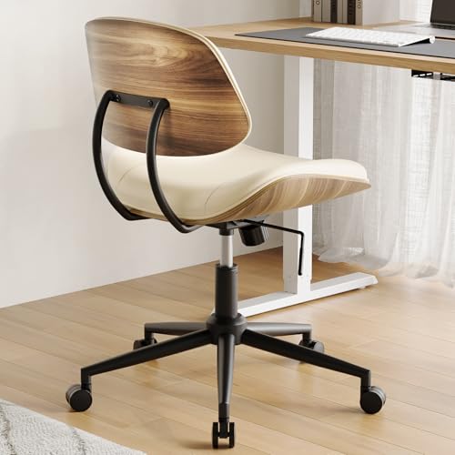 Image of Armless Office Chair with Wheels, PU Leather Adjustable Height Desk Chair - 360 Swivel Ergonomic Computer Chair for Small Space, Modern Walnut Style, Home & Meeting Room, Beige