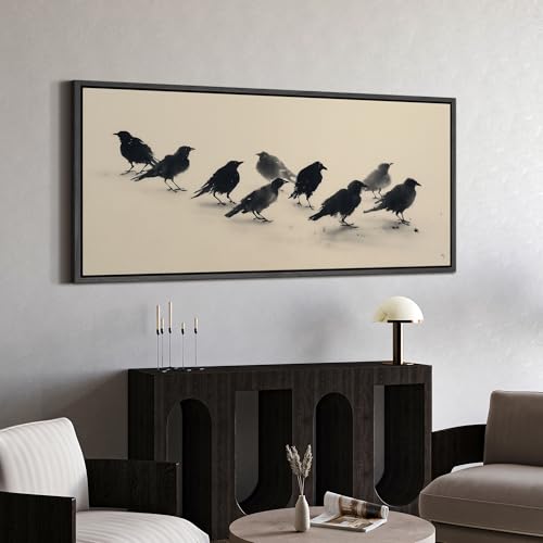 Image of MUDECOR Extra Large Framed Canvas Print Wall Art Minimalist Black Crow Flock Ink Style Neutral Antique Retro Ready to Hang Painting for Living Room Bedroom Multi-Sizes - 60 inchx30 inch
