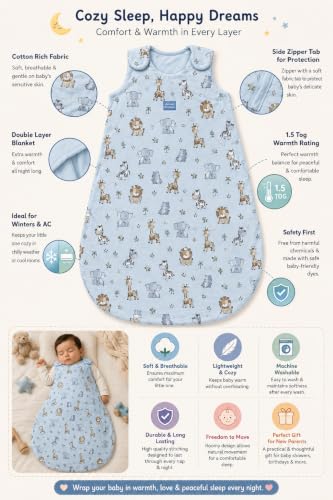 Image of TuddyBuddy Baby Cotton Wearable Quilted Sleeping Bag Blanket 1.5 Tog with 1 Way Zipper Closure | Ideal for Babies & Kids Hypoallergenic Fabrics | (Winn The Teddy - Sky Blue, 18-24 Months)