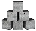 Webeasy Square Printed Grey Canvas Fabric Storage Box, Pack of 6 Eyelet Cube Foldable Open Bins for Home Office Nursery Organisation, Printed Grey, 28X28X28(CM)