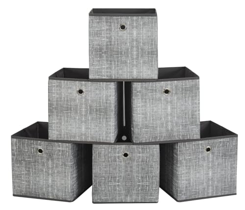 Webeasy Square Printed Grey Canvas Fabric Storage Box, Pack of 6 Eyelet Cube Foldable Open Bins for Home Office Nursery Organisation, Printed Grey, 28X28X28(CM)