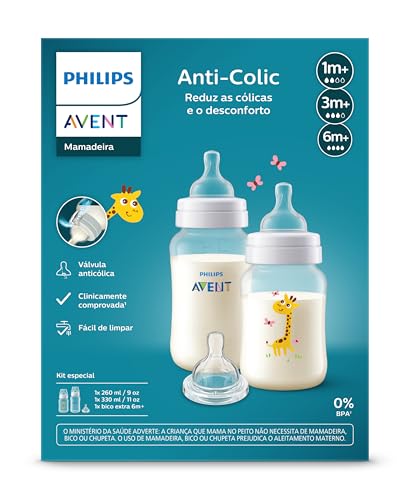 Kit Mamadeiras Anti-colic 260ml Girafa e 330ml + Bico T4 6m+