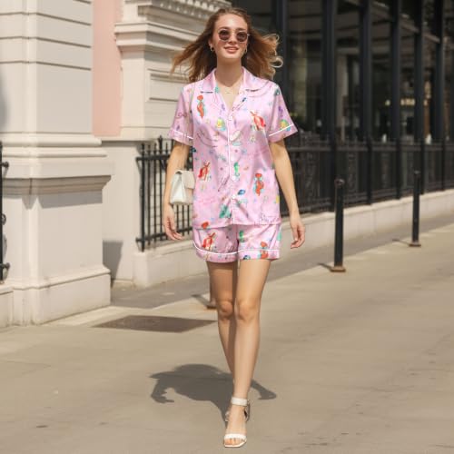 Image of Women 2PCs Satin Pajama Set Short Sleeve Silk Feel Gift Sleepwear