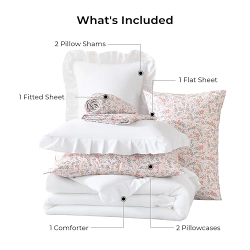 Litanika 7Pcs Queen Ruffled White Comforter Set with Floral Sheets by Litanika - Used condition - Image 9